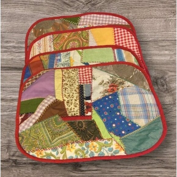 Crazy Quilt Placemats Handmade Patchwork Maximalism Retro Set Of 4 Vtg 70s Red - Picture 1 of 16